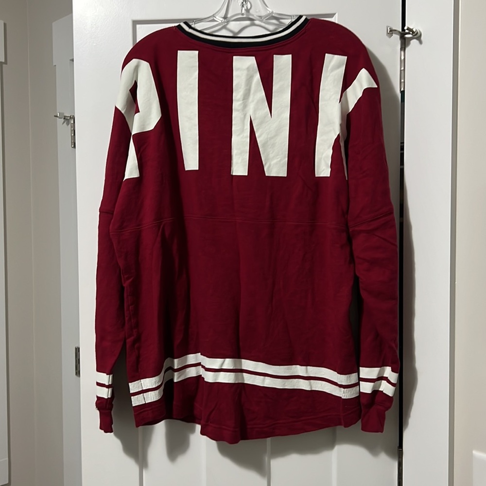 **SOLD!**PINK Varsity Crew Burgundy Tshirt Sweatshirt - Picture 2 of 6